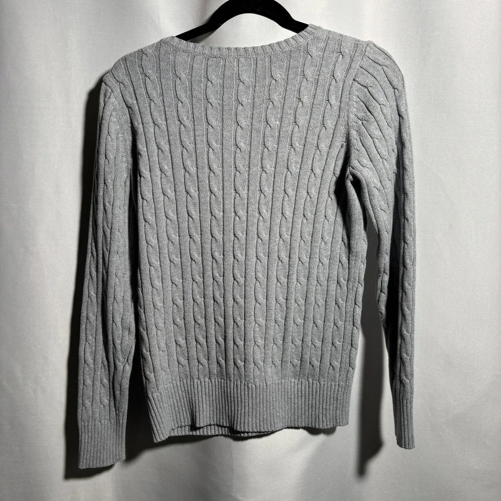 St. Johns Bay Gray V Neck Cable Knit Sweater Sz M Tennis Prep Old Money Academia - Picture 2 of 7